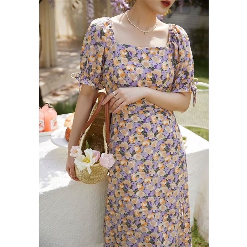 独束大码女装紫色碎花连衣裙女收腰新款夏天胖mm茶歇裙法式