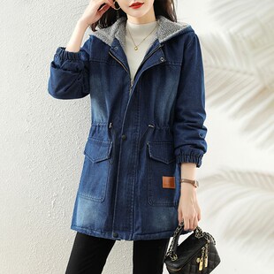 宽松大码棉服防风牛仔外套女2024冬季新款中长加绒加厚羊羔毛棉衣