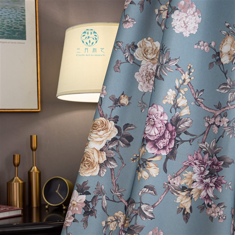 美式田园风玫瑰花窗帘复古月季半遮光卧室书房客厅阳台飘窗窗帘