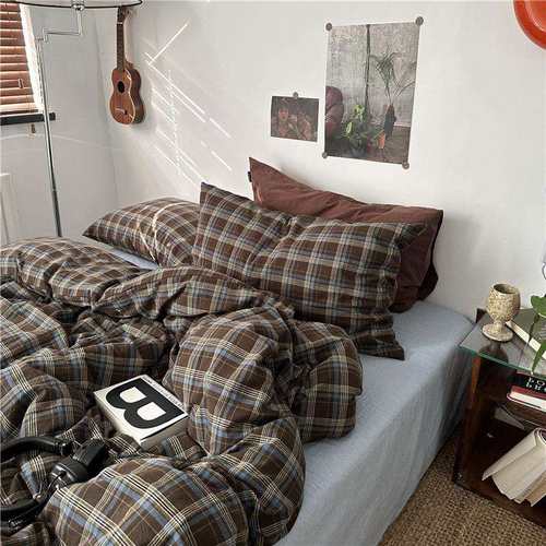 美拉德风赫尔学院全棉色织水洗棉四件套纯棉格子被套床单简约学生