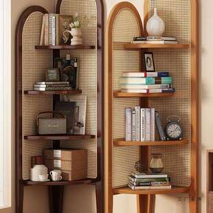 中复古式藤编转角装饰置物架客厅沙发墙边书柜子卧室实木三拐屏风