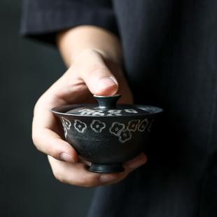 晴先生寒禾泥盖碗复古手绘繁华银版刻描银盖碗陶艺家系列泡茶碗