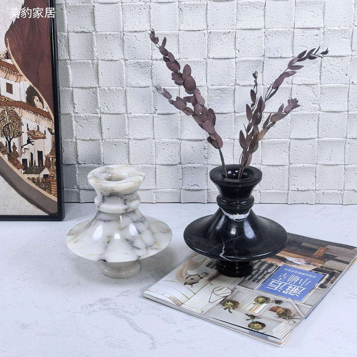美豹轻奢现代天然大理石花瓶花器摆件高端插花样板间大理石小花瓶