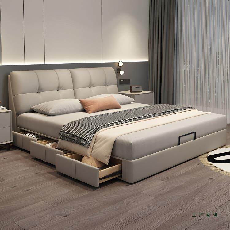 真皮床主卧高端大气储物皮艺床带收纳抽屉现代简约软包双人面包床