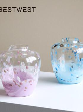 博西家居新款中古风蓝紫色纯手工艺术大肚玻璃花瓶水养插花器摆件