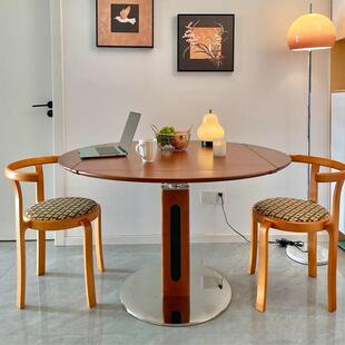 中古风可折叠圆形餐桌家用小户型方圆两用桌不锈钢实木岩板饭桌