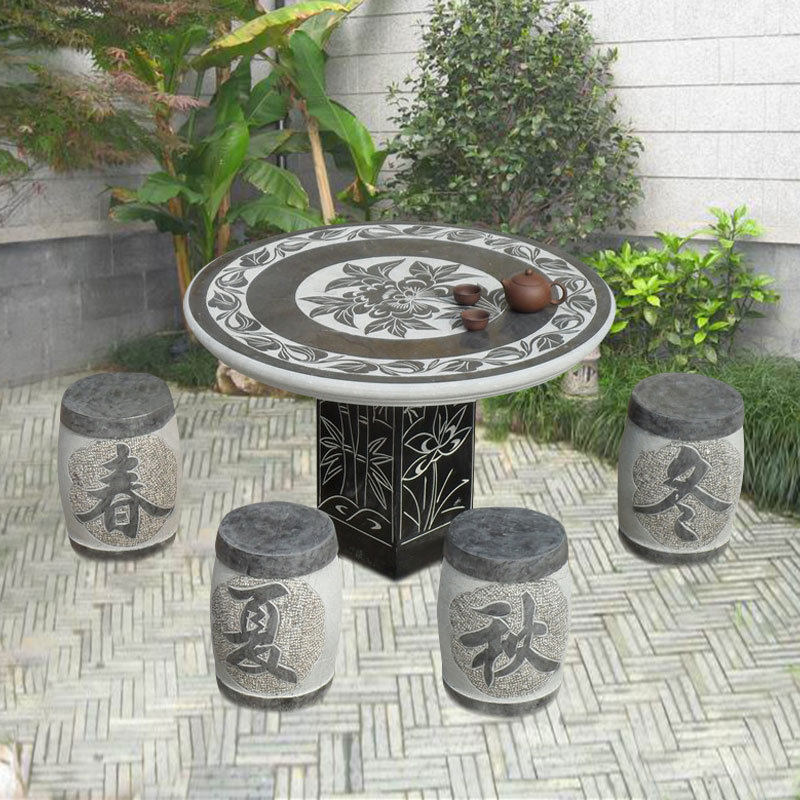 石桌石凳庭院花园家用中式茶台石桌凳天然石材雕刻户外休闲摆件