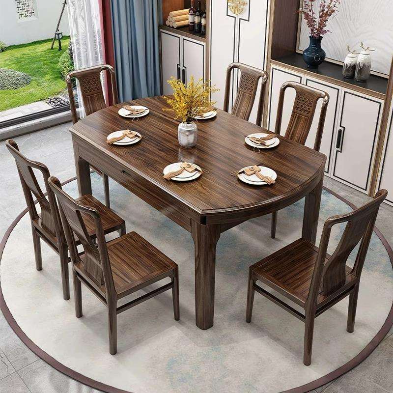 新款乌金木餐桌椅组合新中式全实木伸缩折叠方桌变圆桌饭桌小户型