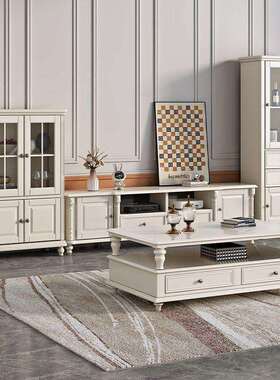 客厅家具套装原木地柜美式电视柜全实木奶油风白色茶几电视柜组合