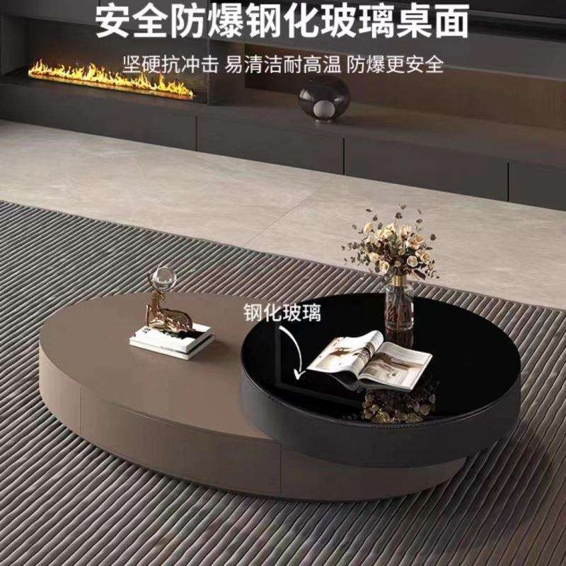 意式极简椭圆形旋转茶几现代简约轻奢玻璃网红新款家用客厅桌