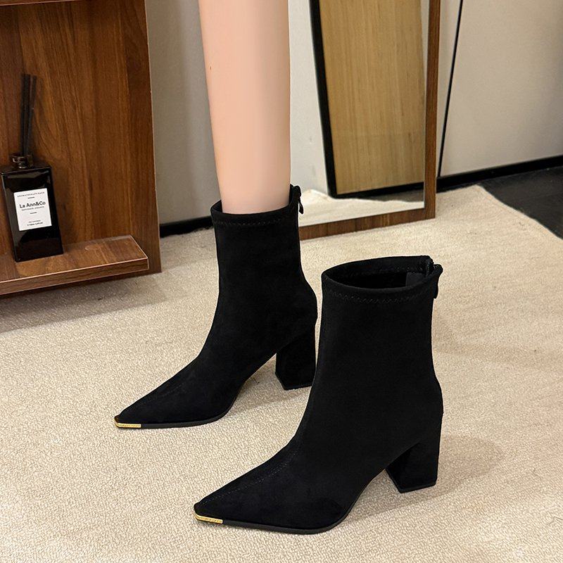 春季属头粗跟高跟鞋女短筒靴子2026年春秋新款尖头绒面瘦瘦0122ud,女鞋,时装靴,淘宝优惠券,粉丝福利购,淘宝优惠卷