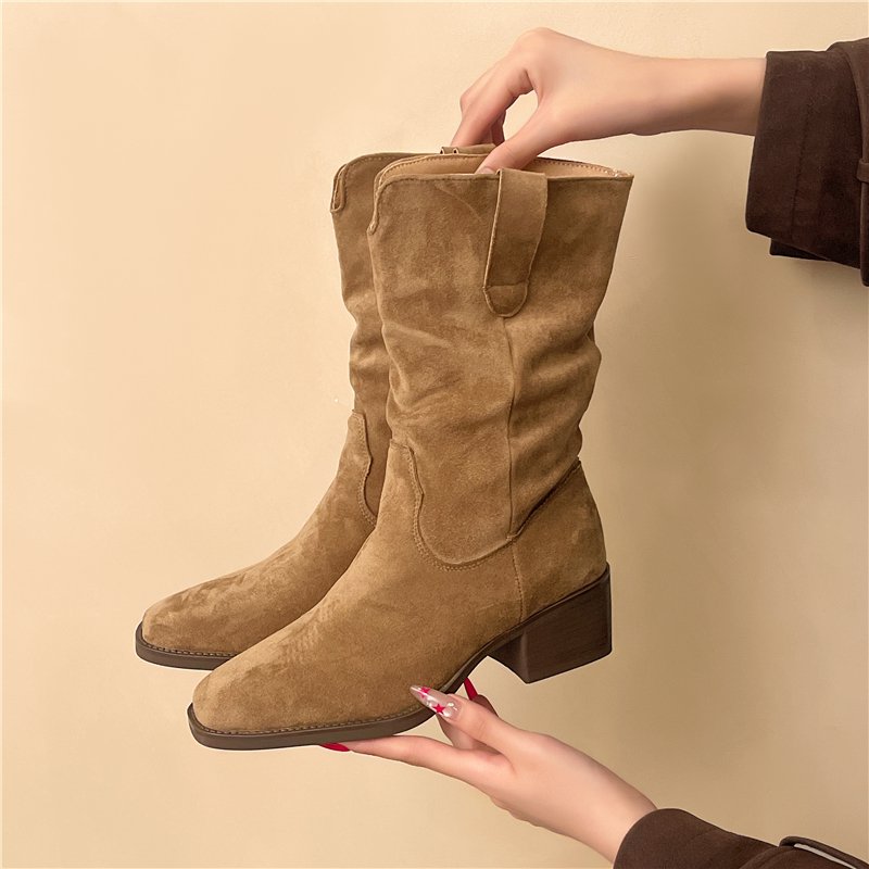 冬女时尚短靴时装2025季尖头粗跟靴子棕色中筒磨砂面皮堆堆1209k