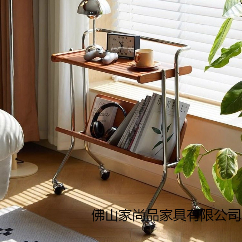 可移动茶几床头樱桃木书架中古小推车实木边几置物架客厅沙发复古
