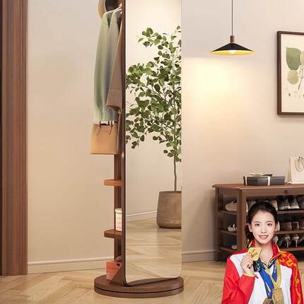 实木全身镜落地镜家用卧室可旋转移动试衣镜子带挂衣架一体穿衣镜