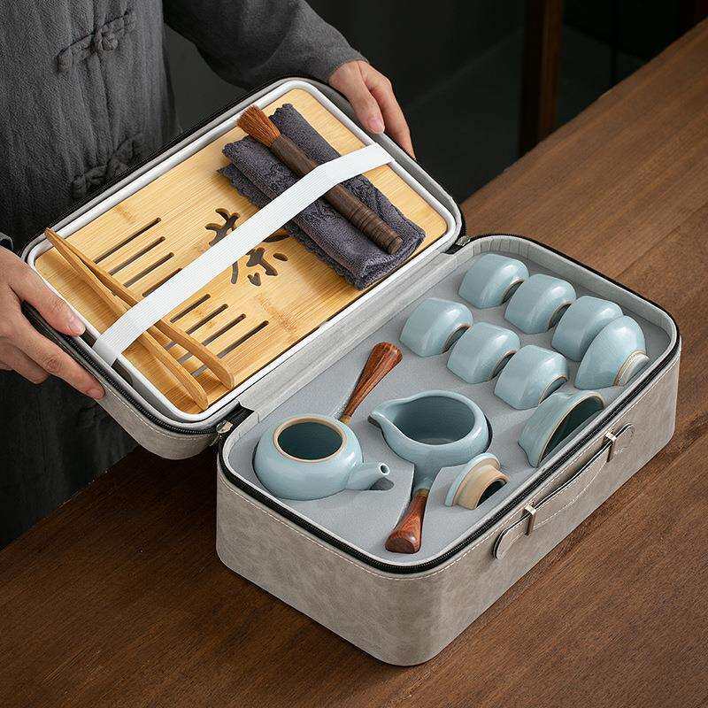 便携式旅行茶具套装汝窑户外包家用车载功夫泡茶壶茶杯简约快客杯