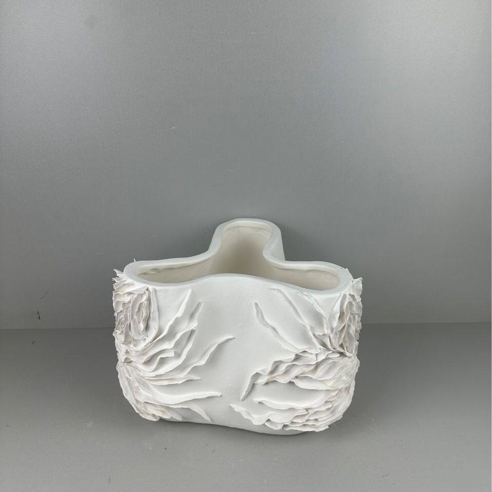 简约现代陶瓷艺术白色砖色千层花器摆件样板间客厅玄关桌面装饰品