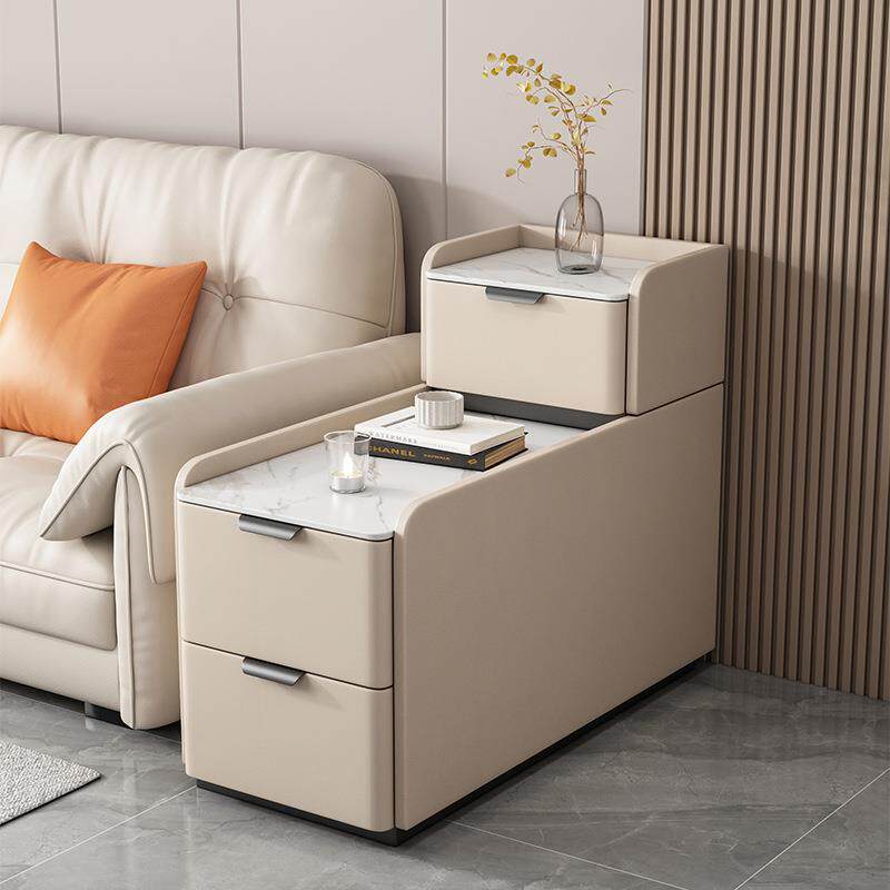新款实木轻奢岩板皮质沙发侧边柜小型夹缝边几客厅落地储物茶水柜