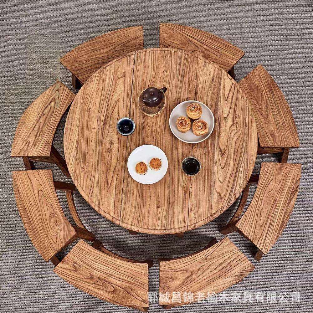 新中式实木餐桌马鞍凳组合家具老榆木圆桌大型吃饭茶桌待客贵宾桌