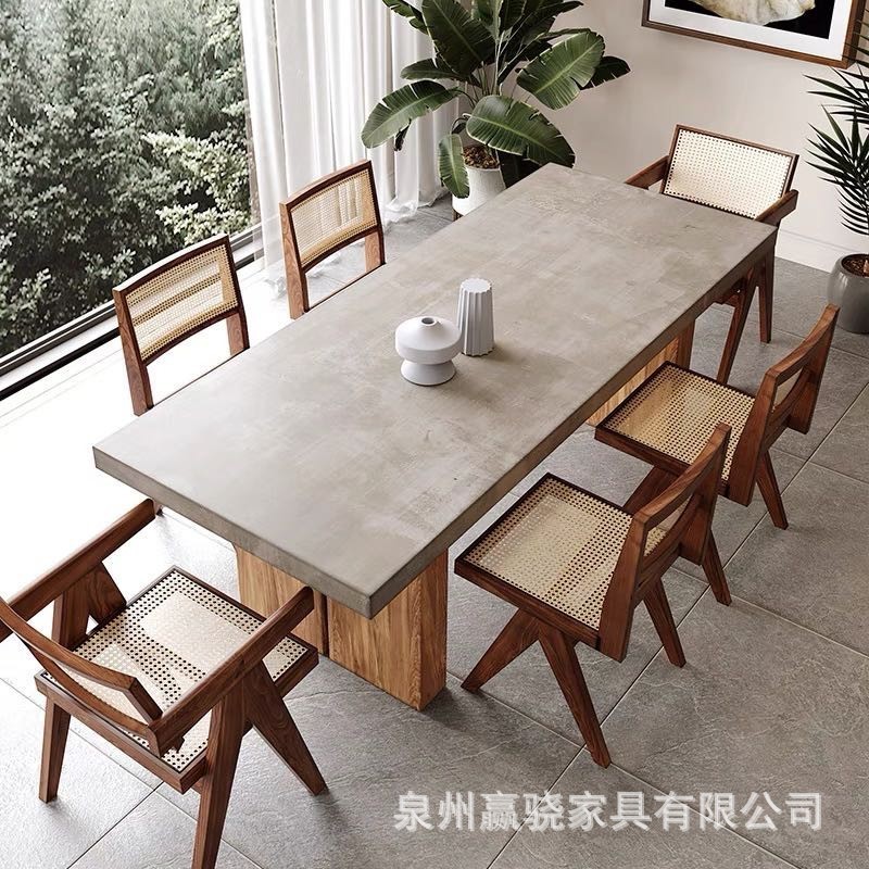 美式实木餐桌仿水泥色原木餐厅民宿吃饭桌子设计师简约洽谈会议桌