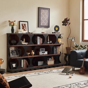 中古风复古实木书柜哈迪德法式客厅靠墙红橡木储物柜展示柜置物柜