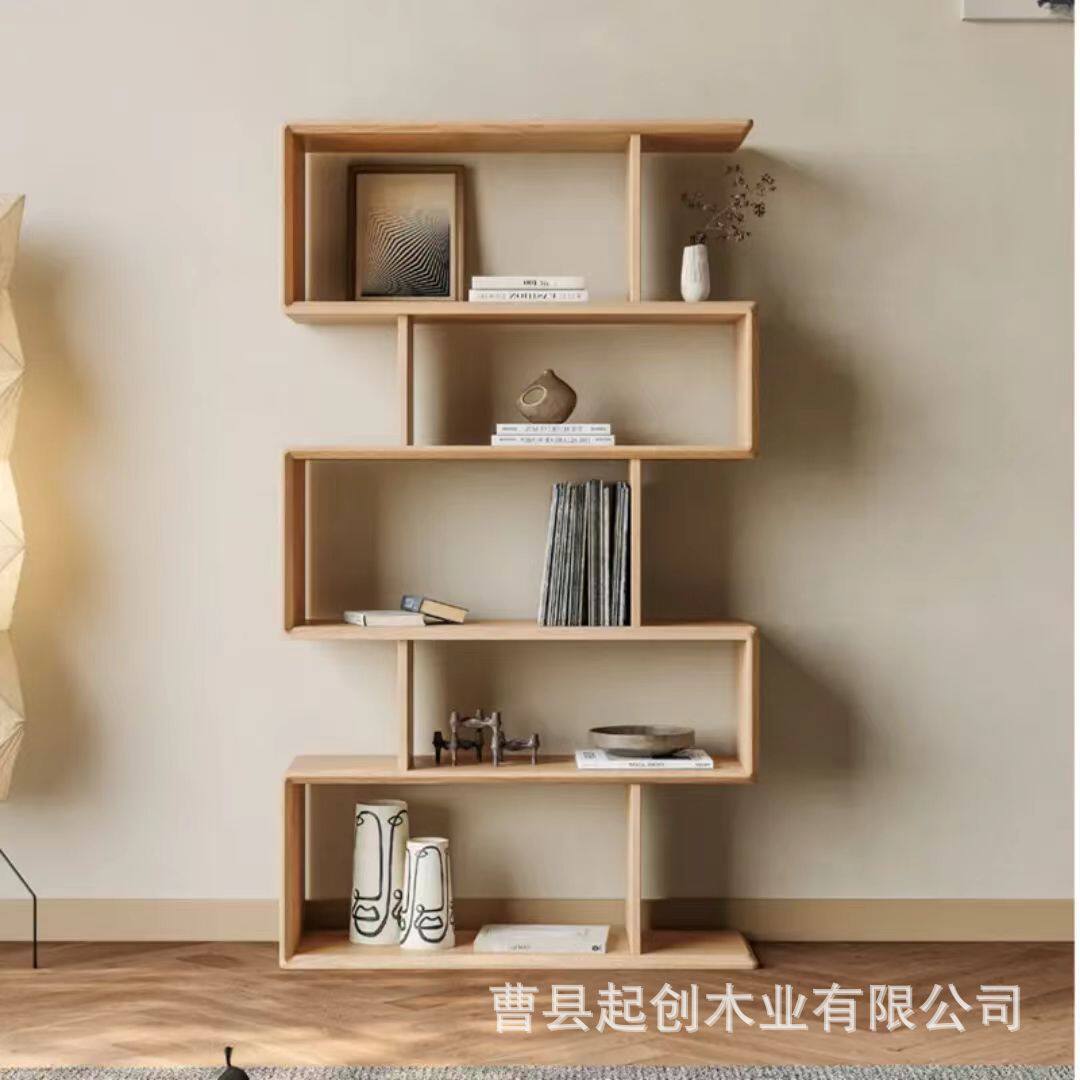 现代简约木质墙面书架置物架实木落地客厅书房隔断收纳展示架