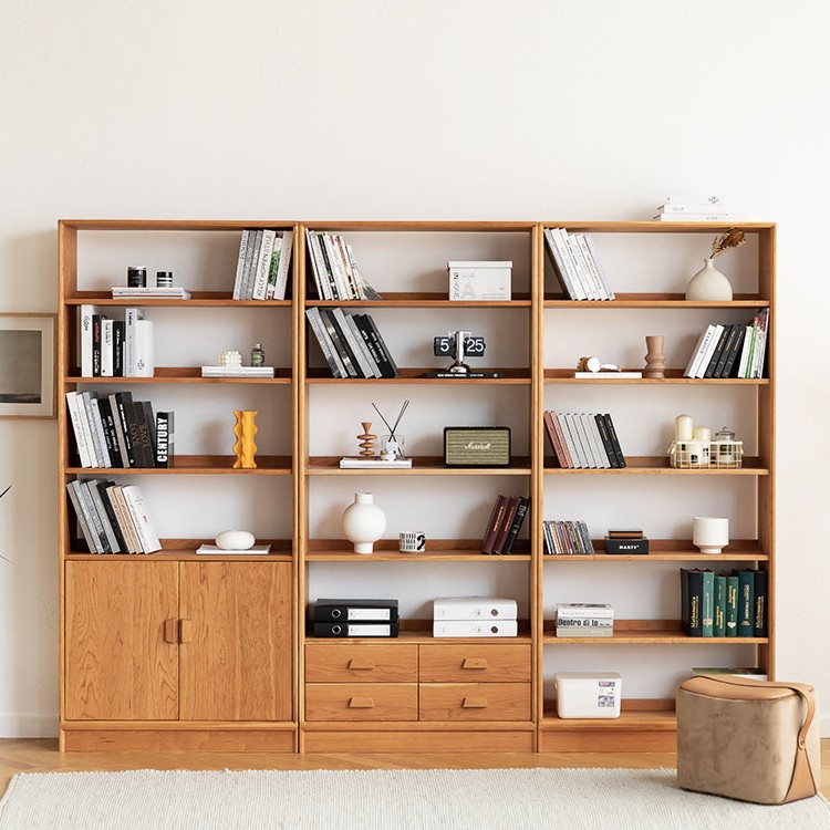 北欧实木格子组合书架樱桃木色落地置物架现代简约靠墙原木书柜架