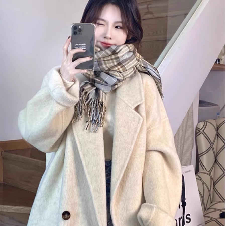 反季清仓燕麦色羊毛呢子大衣女中长款2024新款秋冬季韩系毛呢外套