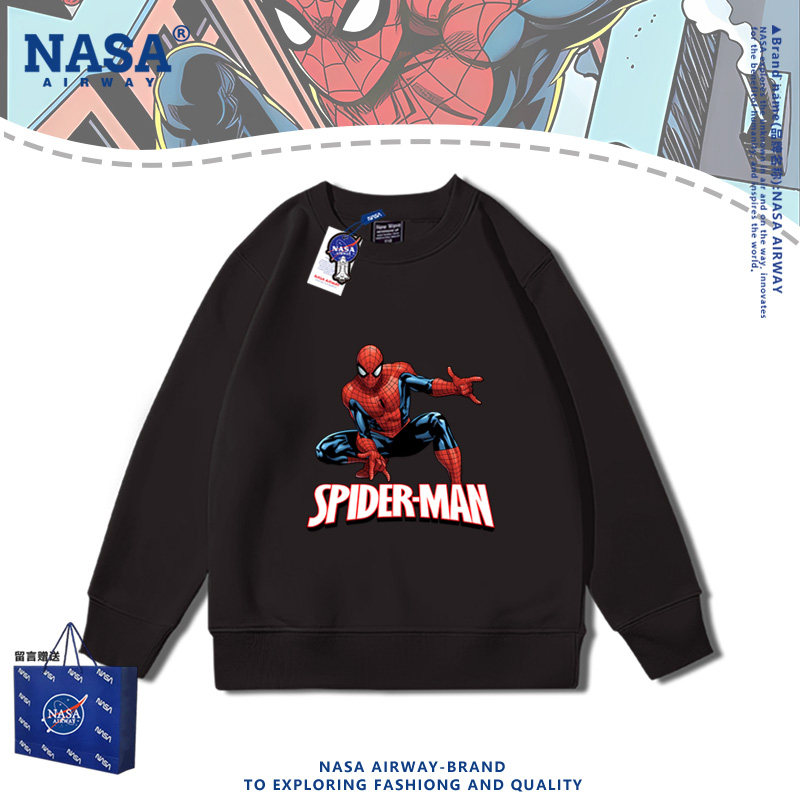 NASA联名蜘蛛侠电影周边儿童卡通图案男女圆领卫衣秋冬加绒上衣服