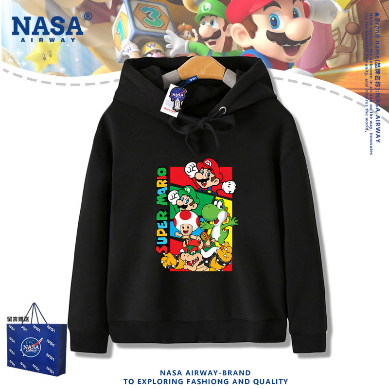 NASA联名超级马里奥卡通儿童周边图案男女秋冬款连帽卫衣加绒帽衫