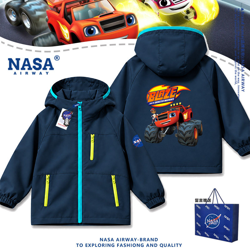 NASA联名飚速旋风战车队怪兽火焰车儿童夹克男女中大童连帽冲锋衣