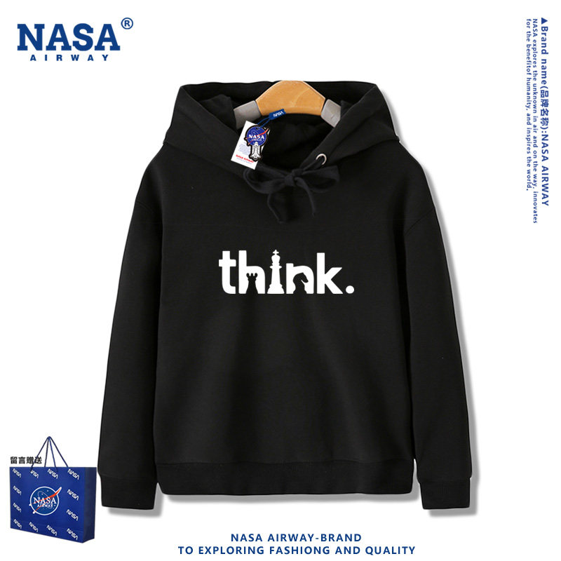 NASA联名 think国际象棋趣味儿童卡通图案男女连帽卫衣秋冬季加绒