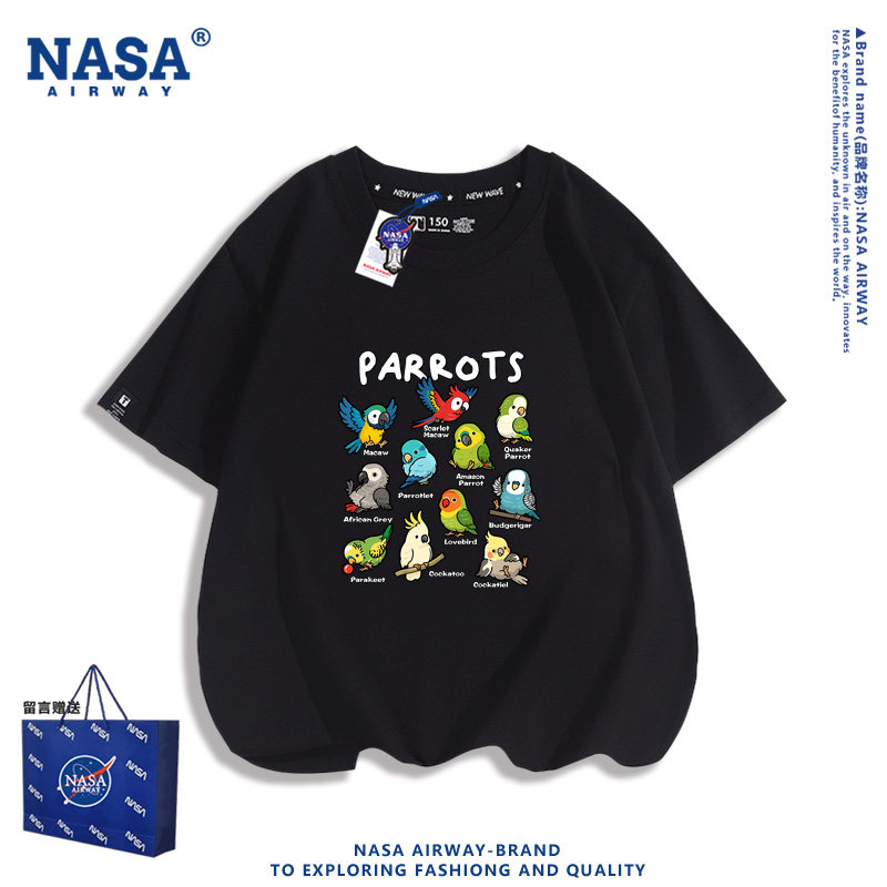 NASA AW卡通小鹦鹉印花图案儿童男女纯棉短袖T恤夏季半袖上衣新款