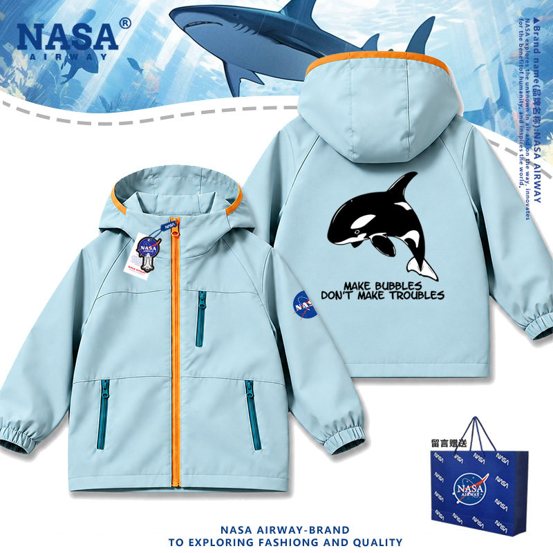 NASA联名胖揍虎鲸鲨鱼海洋街溜子卡通图案夹克连帽冲锋衣新款外套