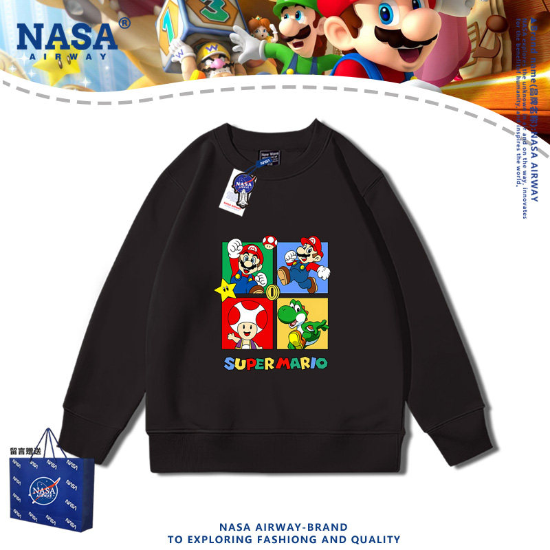 NASA联名超级马里奥卡通图案儿童周边男女秋冬加绒圆领卫衣上衣服