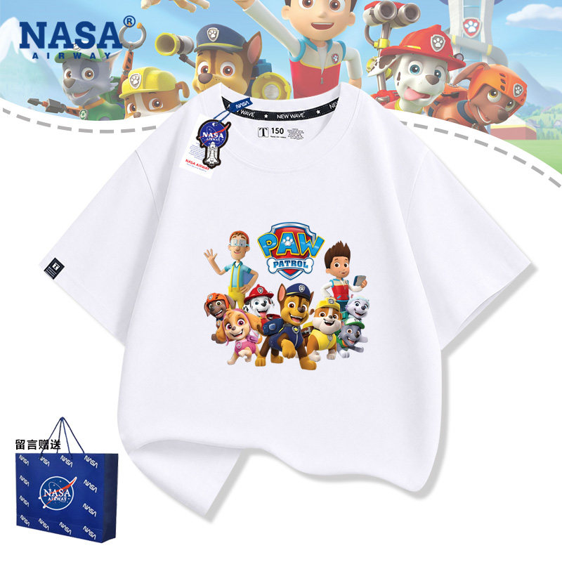 NASA联名汪汪队卡通图案儿童男女纯棉短袖T恤夏季圆领半袖上衣服