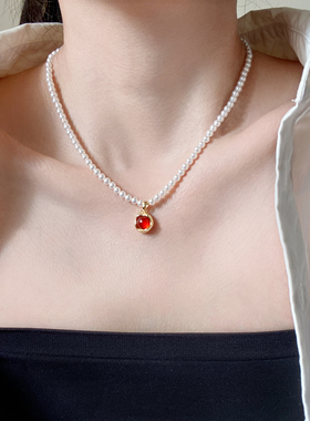 红玛瑙吊坠珍珠项链不掉色饰品