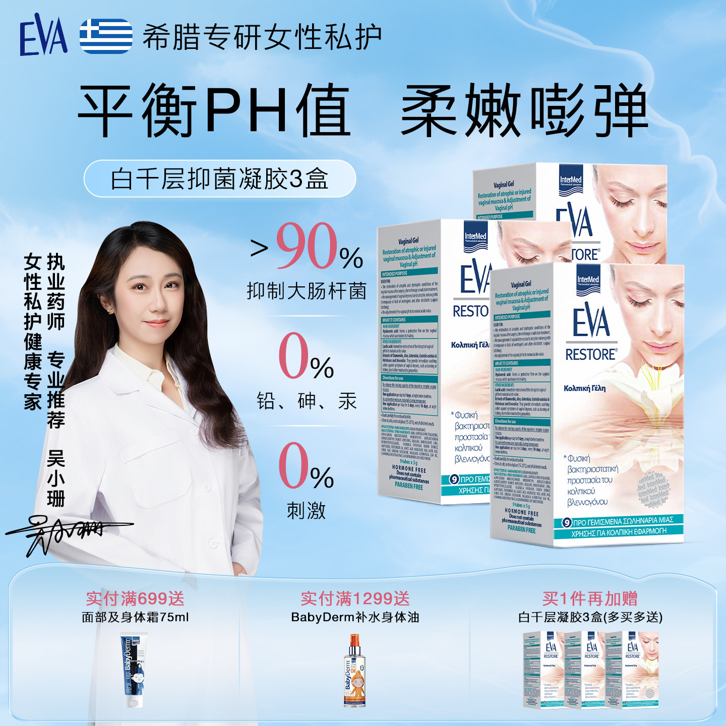 希腊EVA益维艾玻尿酸抑菌女性私密护理凝胶3盒水润质地妇科临期