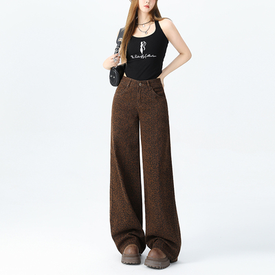 复古棕调豹纹阔腿裤女 高腰显瘦垂坠感拖地裤 时髦精致出街穿搭
