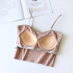 直销新款美背露脐吊带细肩带内搭带胸垫罩杯一体无钢圈BRAT内衣小