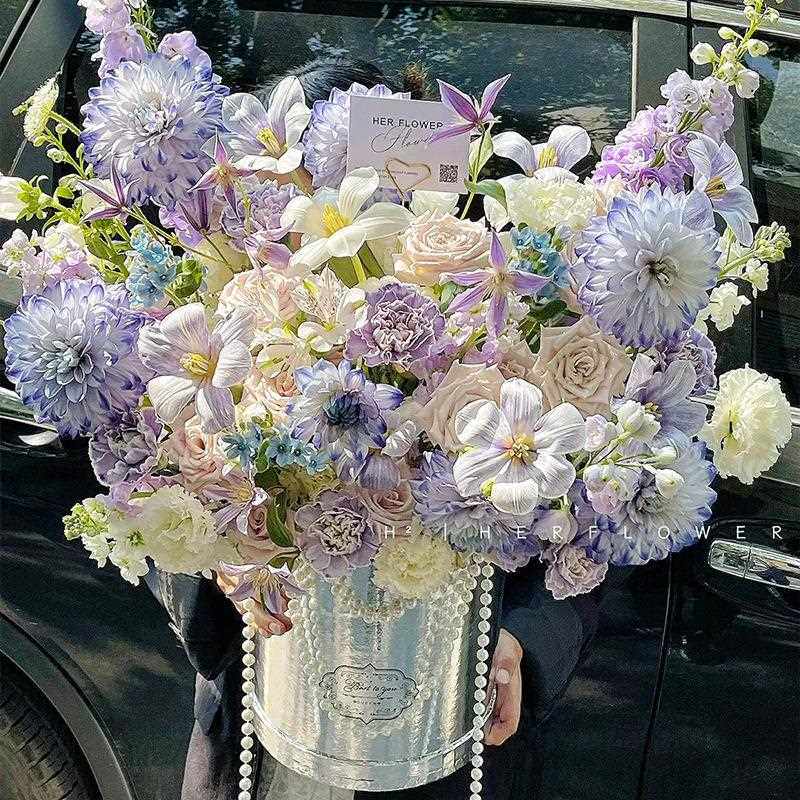 新款直销情人节抱抱桶白色套三圆形花桶银色花盒花束插花礼盒花艺