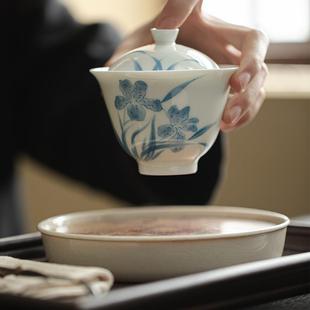 手绘釉下彩白瓷盖碗大号青花陶瓷泡茶碗功夫茶具手工家用 直销新款