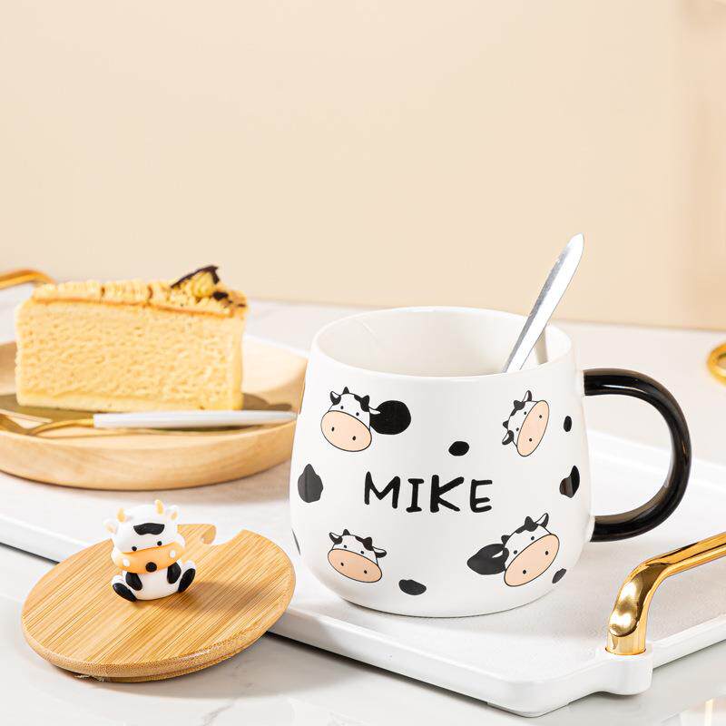 直销新款卡通可爱陶瓷水杯带盖勺大容量马克杯家用咖啡牛奶杯学生