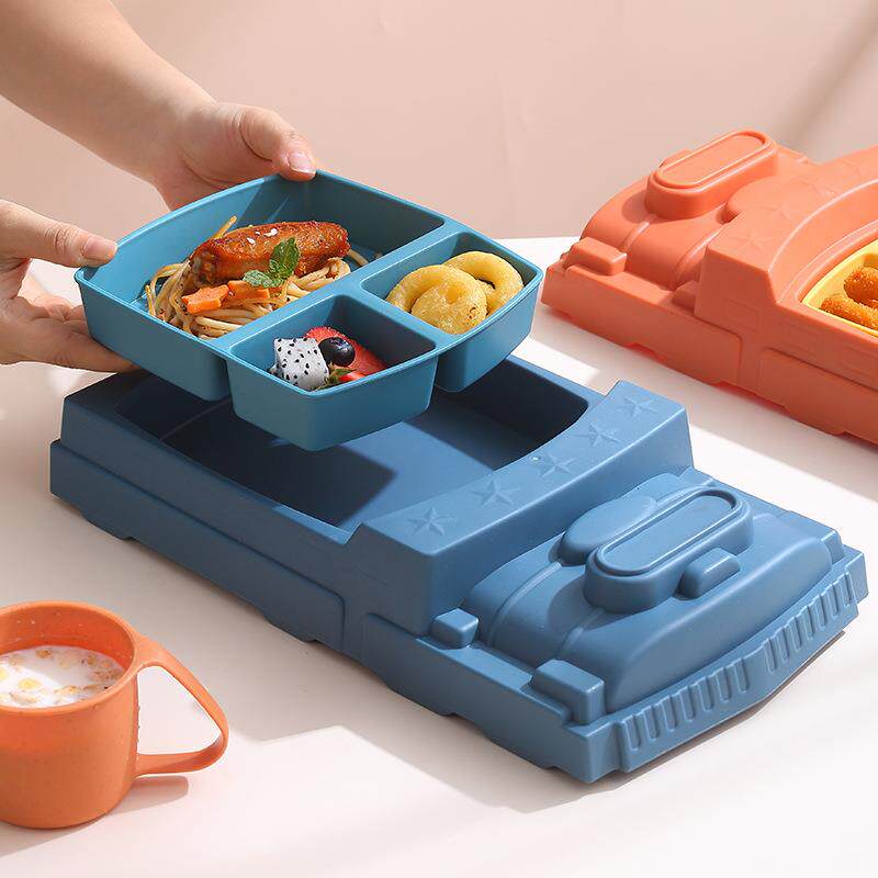 直销新款可爱卡通儿童汽车套装创意便携辅食分格碗杯子餐盘幼儿园