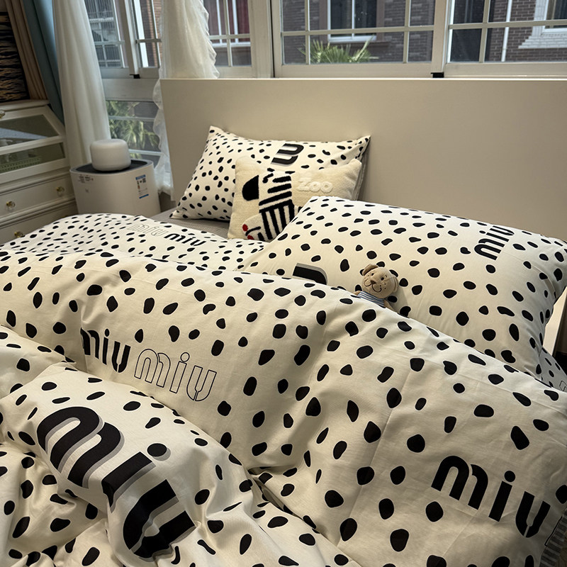 极简ins风全棉床上四件套日式波点字母床单笠被套纯棉宿舍三件套