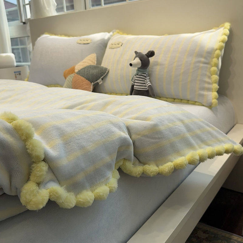 奶油蓝条纹加厚牛奶绒四件套珊瑚绒秋冬保暖被套法莱绒床单三件套,床上用品,床品套件/四件套/多件套,淘宝优惠券,粉丝福利购,淘宝优惠卷