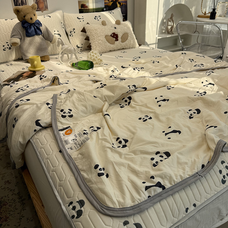 正官旗可爱熊猫乳胶凉席三件套夏凉被四件套可机洗冰丝席空调夏被