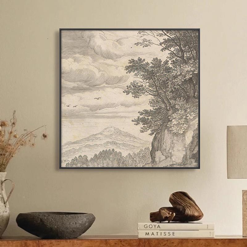 法式中古线稿风景风客画美式厅背沙发景装饰画欧式复古走廊入户玄图片