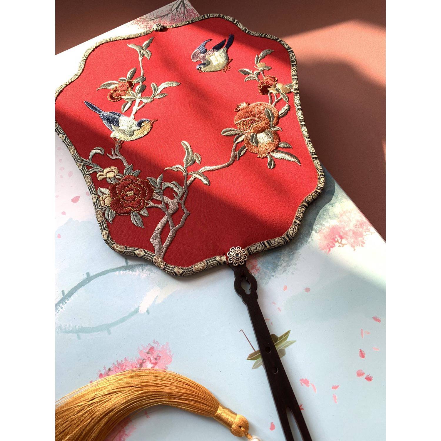 荷塘月韵扇斋风复原绣花CNM机团扇古古绣晨袍喜扇喜上枝头新品