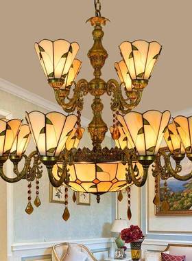 蒂凡美式简约大彩色玻璃树叶多尼头水晶术吊艺灯OF1200112头遥控