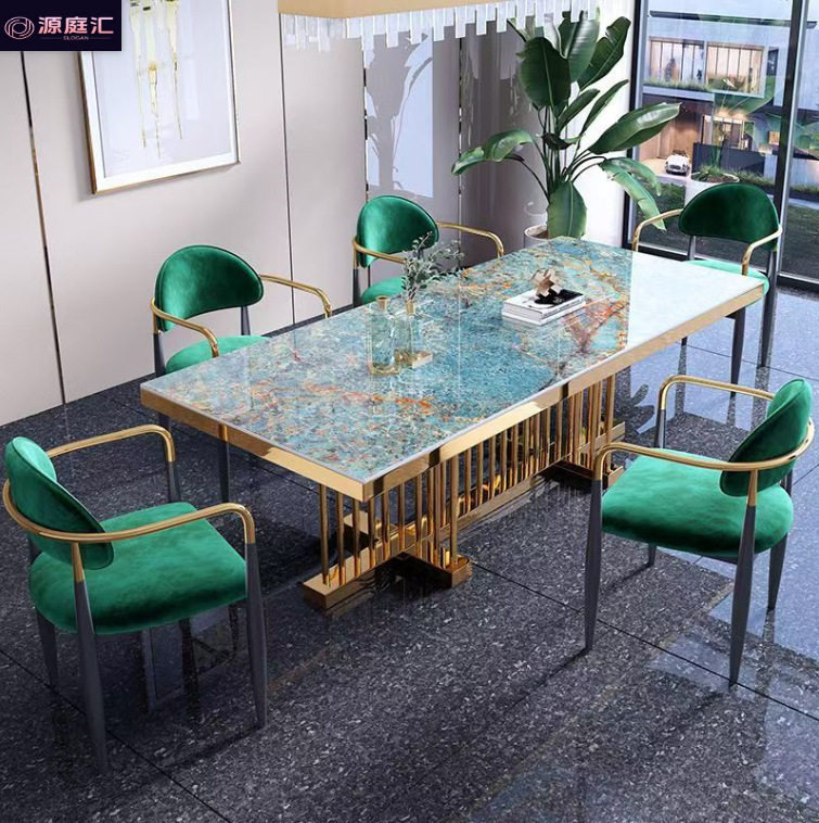 轻奢岩板餐桌椅高端餐厅家用创意小户型餐桌椅亚马逊绿色吃饭桌子